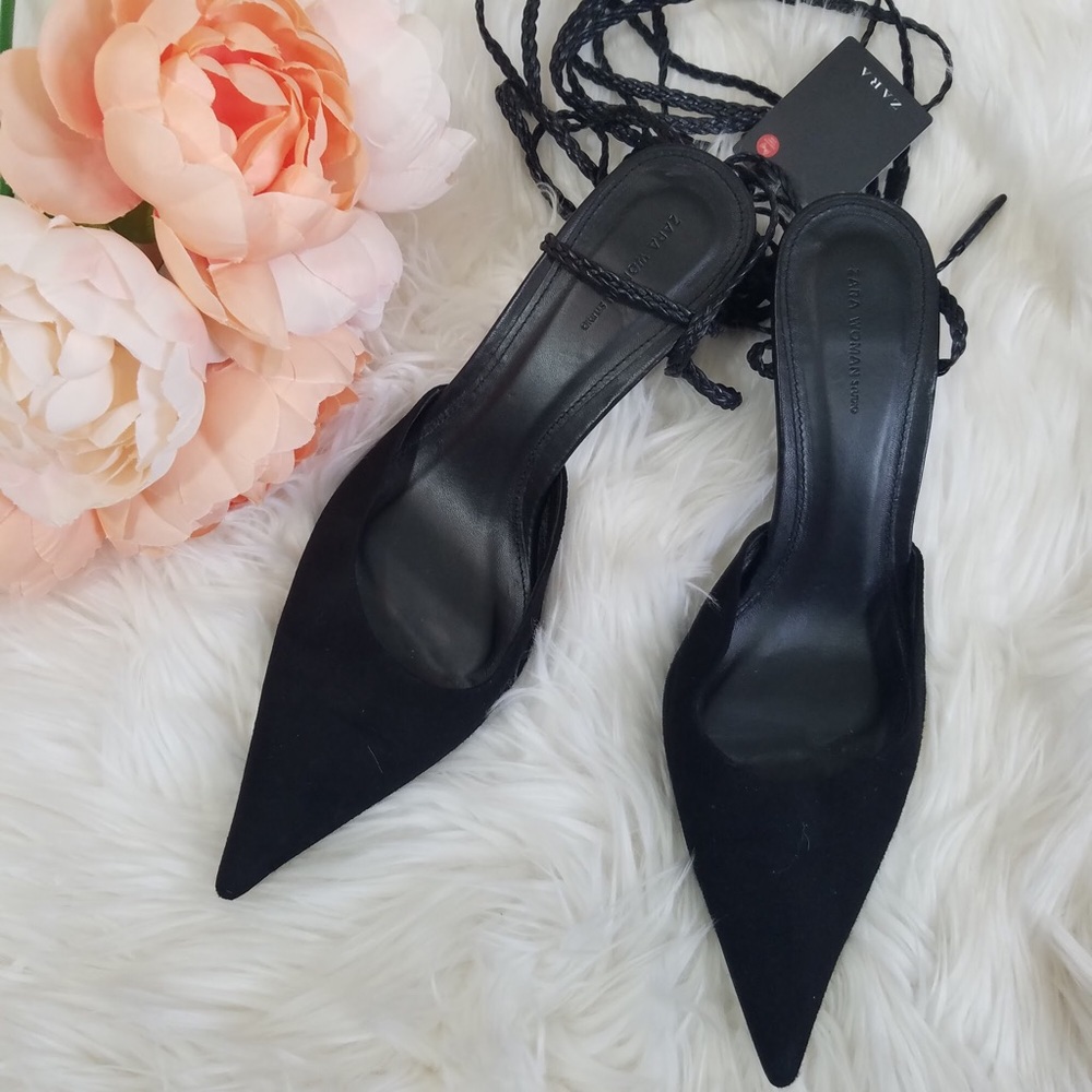 NWT Zara Black Leather Strappy Wraparound Heels - Picture 8 of 8